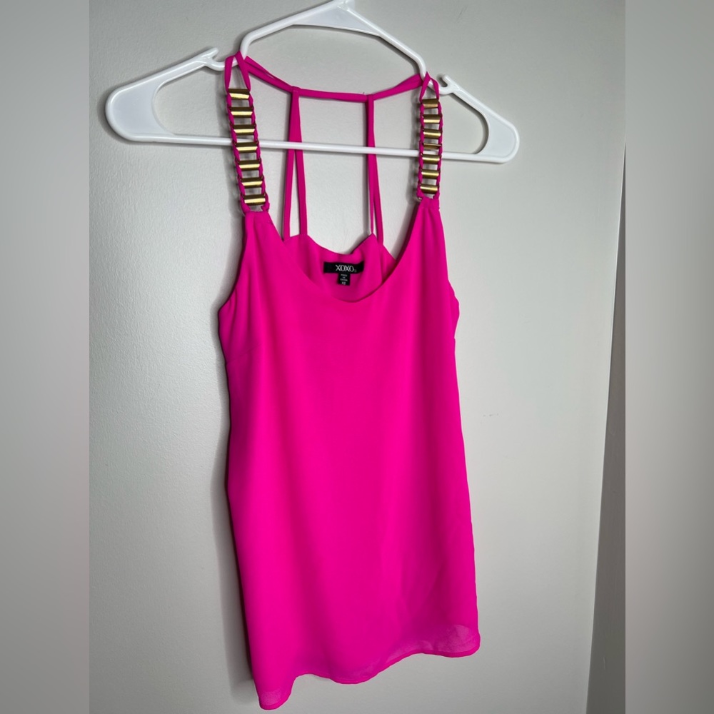 XOXO pink & brass/gold accents, dressy tank top. Size XS. Hot pink with lining. - Picture 2 of 4